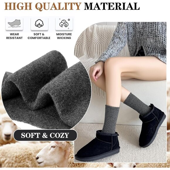 Women Merino Wool Dark Grey Sock 5 Pairs Warm Thick Crew Cozy Winter Boot Socks - Picture 4 of 6